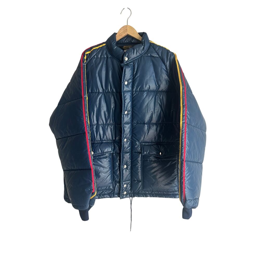 Swingster Vintage Puffer Traveler Jacket Racing Stripes USA Made L blue